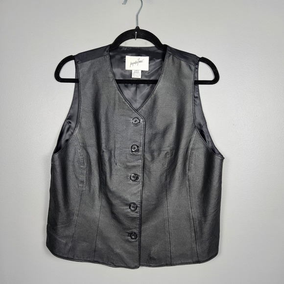Jacqueline Ferrar Jackets & Blazers - Jacqueline Ferrar Womens Large Genuine Leather Vest Button Front Vintage Black